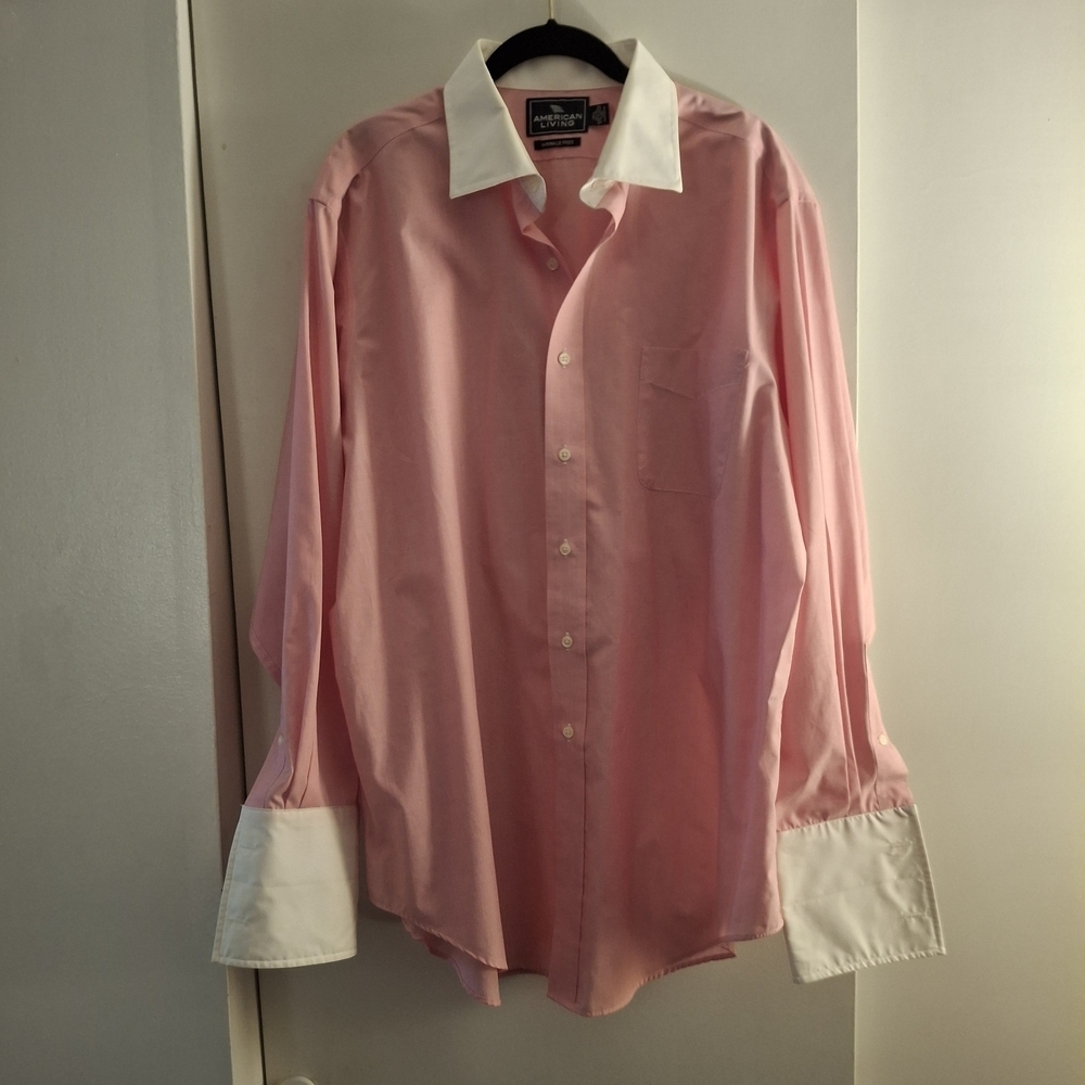 American Living Men's Pink Dress Shirt with White Collar and Cuffs